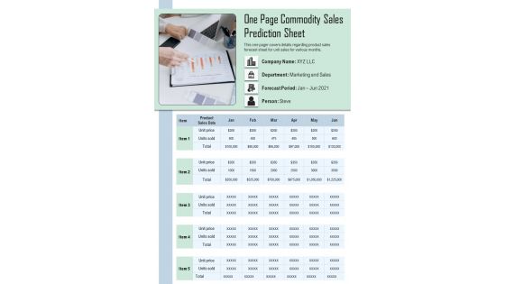 One Page Commodity Sales Prediction Sheet PDF Document PPT Template
