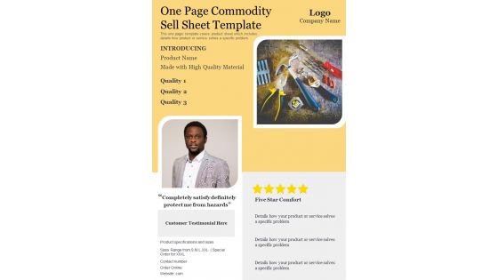 One Page Commodity Sell Sheet Template PDF Document PPT Template