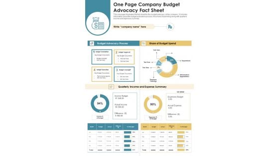 One Page Company Budget Advocacy Fact Sheet PDF Document PPT Template