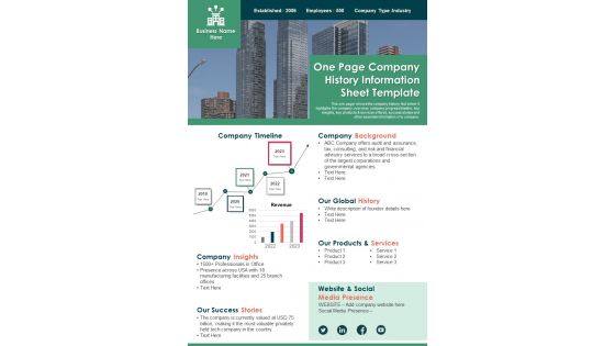 One Page Company History Information Sheet Template PDF Document PPT Template