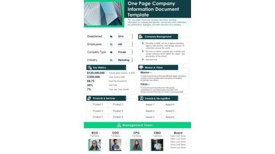 One Page Company Information Document Template PDF Document PPT Template