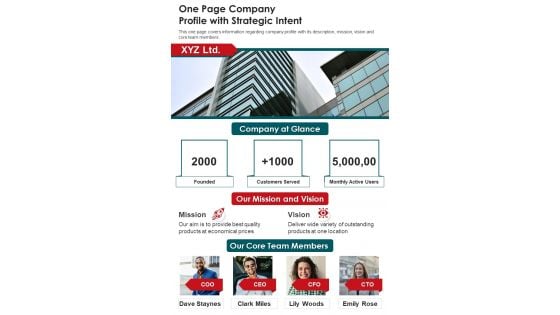 One Page Company Profile With Strategic Intent PDF Document PPT Template