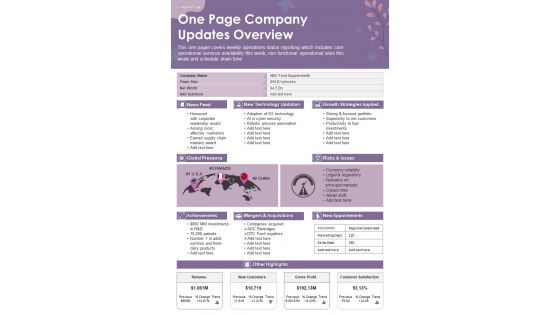 One Page Company Updates Overview PDF Document PPT Template