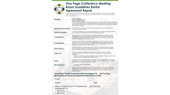 One Page Conference Meeting Room Guidelines Rental Agreement Report PDF Document PPT Template