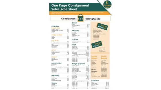 One Page Consignment Sales Rate Sheet PDF Document PPT Template