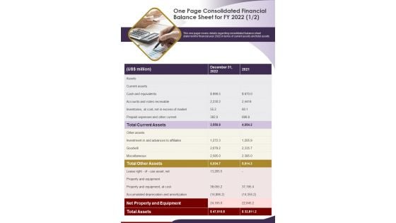 One Page Consolidated Financial Balance Sheet For FY 2022 PDF Document PPT Template