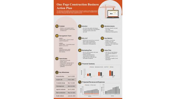 One Page Construction Business Action Plan PDF Document PPT Template