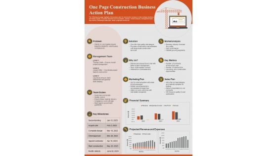 One Page Construction Business Action Plan PDF Document PPT Template