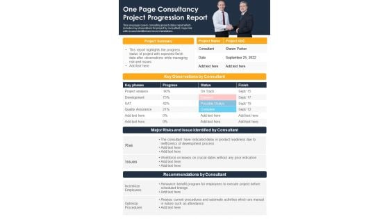 One Page Consultancy Project Progression Report PDF Document PPT Template One Page Consultancy Project Progression Report PDF Document PPT Template
