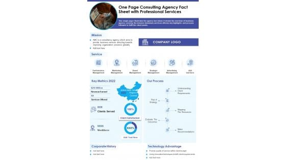 One Page Consulting Agency Fact Sheet With Professional Services PDF Document PPT Template One Page Consulting Agency Fact Sheet With Professional Services PDF Document PPT Template