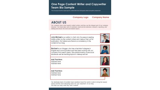One Page Content Writer And Copywriter Team Bio Sample PDF Document PPT Template