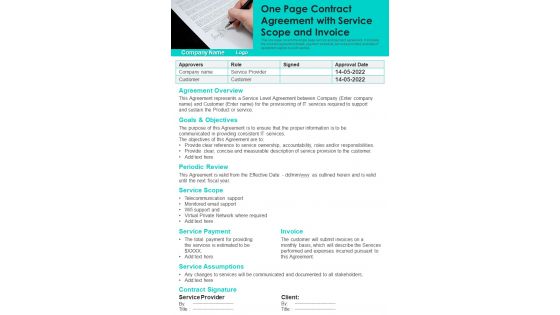 One Page Contract Agreement With Service Scope And Invoice PDF Document PPT Template