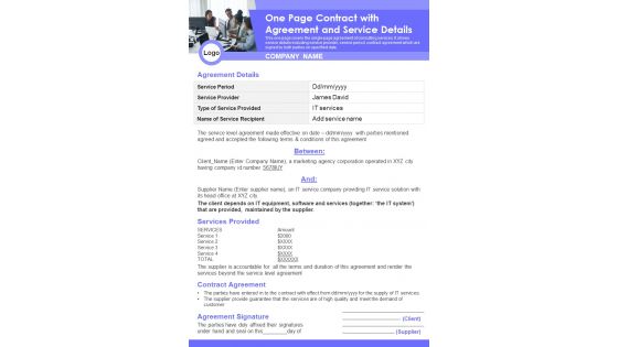 One Page Contract With Agreement And Service Details PDF Document PPT Template