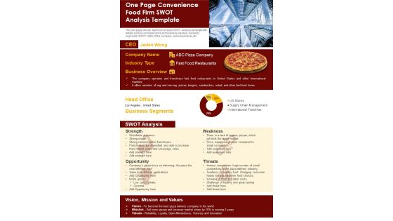 One Page Convenience Food Firm SWOT Analysis Template PDF Document PPT Template