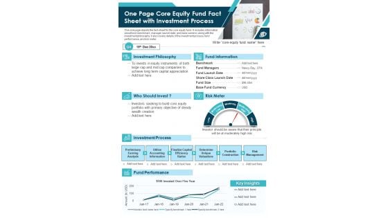 One Page Core Equity Fund Fact Sheet With Investment Process PDF Document PPT Template