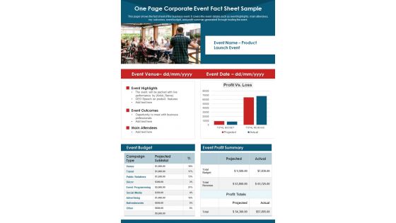 One Page Corporate Event Fact Sheet Sample PDF Document PPT Template