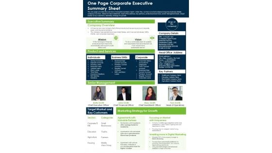 One Page Corporate Executive Summary Sheet PDF Document PPT Template