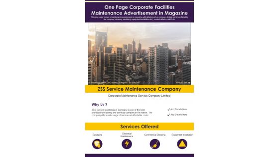 One Page Corporate Facilities Maintenance Advertisement In Magazine PDF Document PPT Template