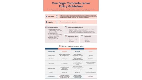 One Page Corporate Leave Policy Guidelines PDF Document PPT Template