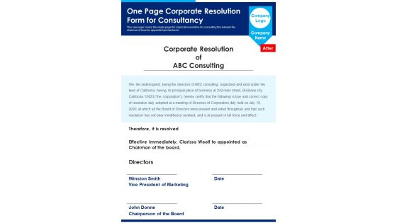 One Page Corporate Resolution Form For Consultancy PDF Document PPT Template