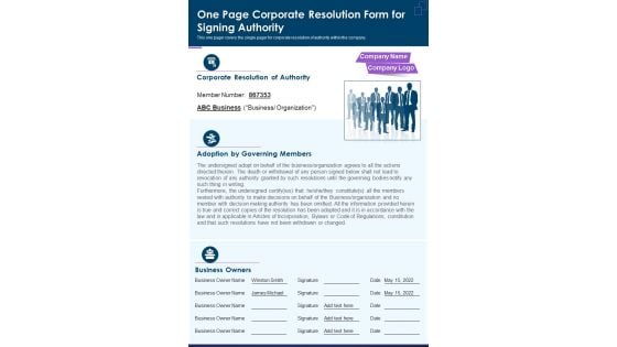 One Page Corporate Resolution Form For Signing Authority PDF Document PPT Template One Page Corporate Resolution Form For Signing Authority PDF Document PPT Template