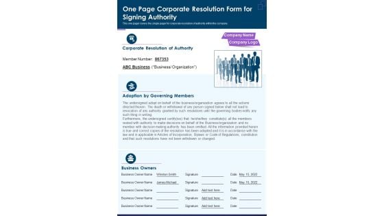 One Page Corporate Resolution Form For Signing Authority PDF Document PPT Template