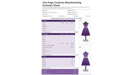 One Page Costume Manufacturing Summary Sheet PDF Document PPT Template