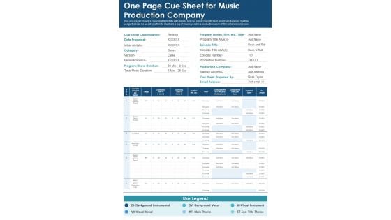 One Page Cue Sheet For Music Production Company PDF Document PPT Template