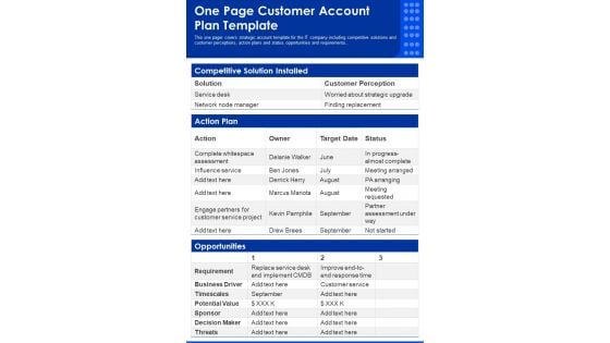 One Page Customer Account Plan Template PDF Document PPT Template