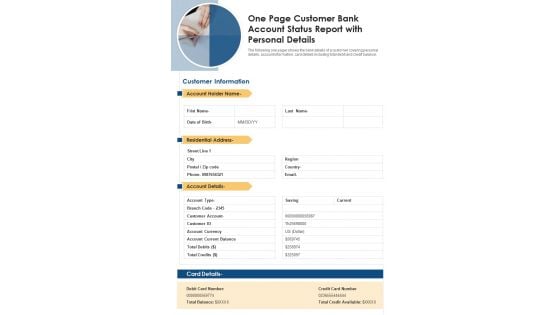 One Page Customer Bank Account Status Report With Personal Details PDF Document PPT Template