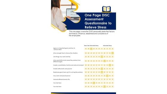 One Page DISC Assessment Questionnaire To Relieve Stress PDF Document PPT Template