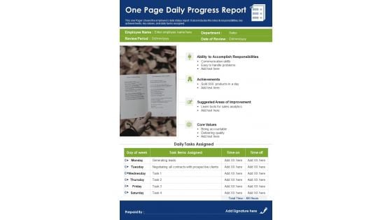One Page Daily Progress Report PDF Document PPT Template