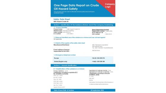 One Page Data Report On Crude Oil Hazard Safety PDF Document PPT Template