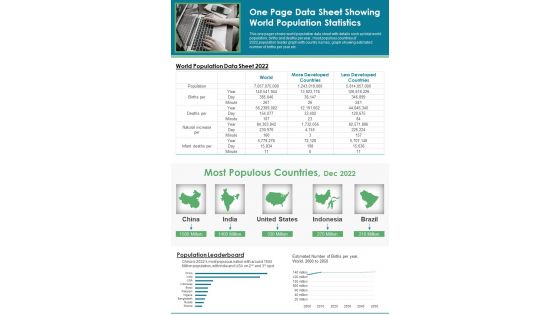 One Page Data Sheet Showing World Population Statistics PDF Document PPT Template