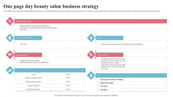 One Page Day Beauty Salon Business Strategy Ppt Layouts Good PDF