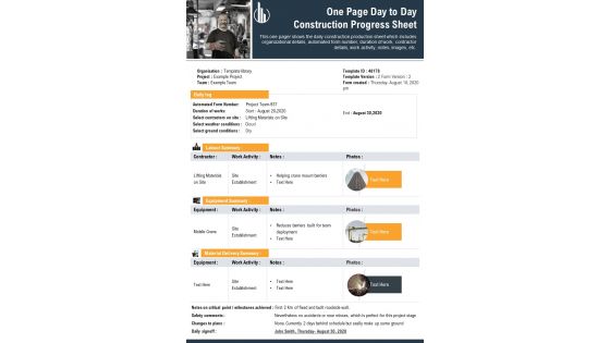One Page Day To Day Construction Progress Sheet PDF Document PPT Template