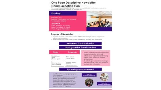 One Page Descriptive Newsletter Communication Plan PDF Document PPT Template