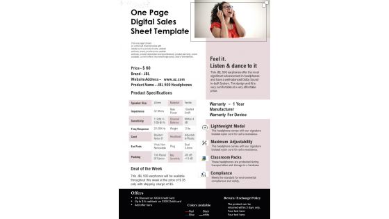 One Page Digital Sales Sheet Template PDF Document PPT Template