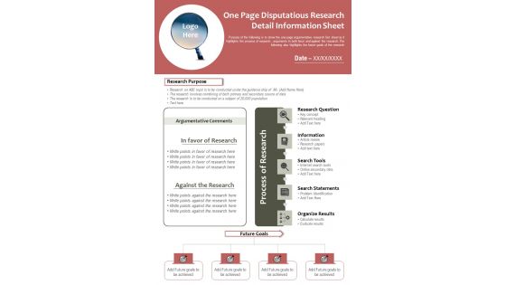 One Page Disputatious Research Detail Information Sheet PDF Document PPT Template