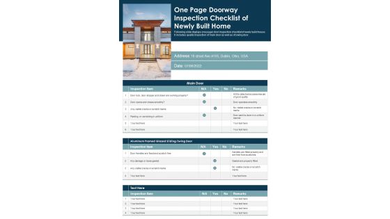 One Page Doorway Inspection Checklist Of Newly Built Home PDF Document PPT Template