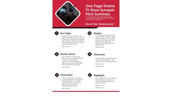 One Page Drama TV Show Synopsis Pitch Summary PDF Document PPT Template