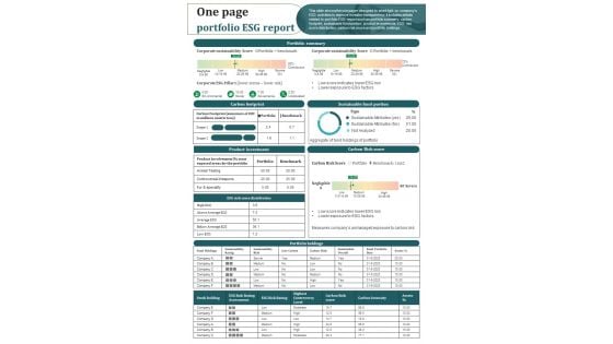 One Page ESG Summary PDF Document PPT Template