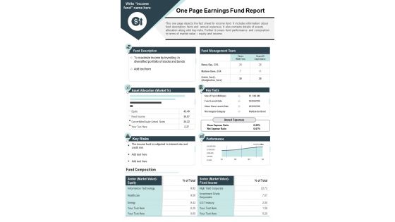 One Page Earnings Fund Report PDF Document PPT Template