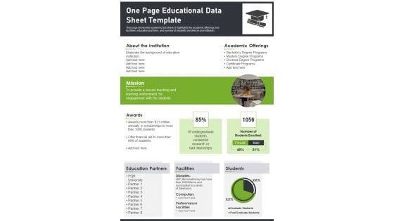 One Page Educational Data Sheet Template PDF Document PPT Template