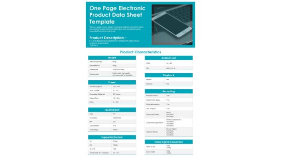 One Page Electronic Product Data Sheet Template PDF Document PPT Template