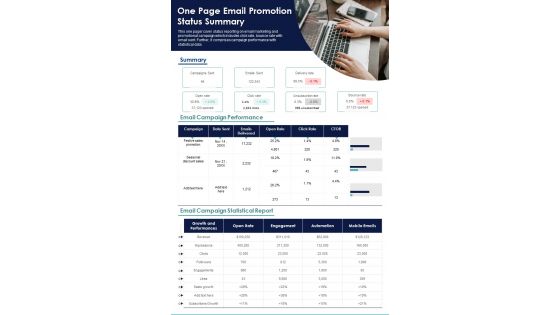One Page Email Promotion Status Summary PDF Document PPT Template