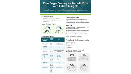 One Page Employee Benefit Plan With Future Insights PDF Document PPT Template