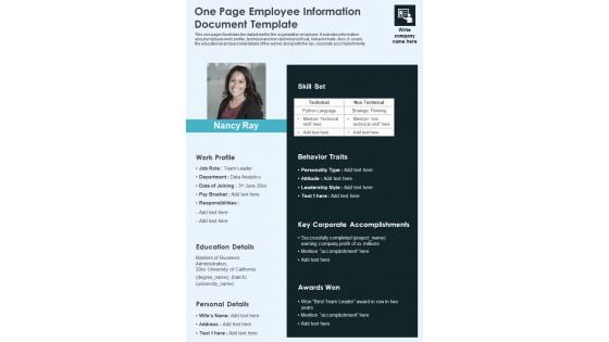 One Page Employee Information Document Template PDF Document PPT Template