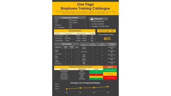 One Page Employee Training Catalogue PDF Document PPT Template