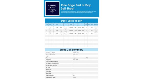 One Page End Of Day Sell Sheet PDF Document PPT Template